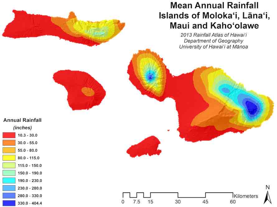 Map of the mean annual rainfall in Maui