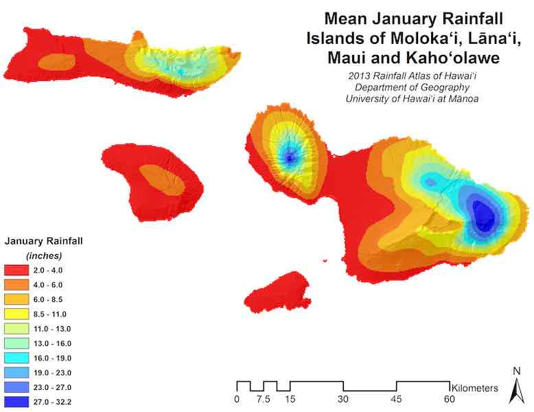 Map indicating that January is the peak of the rainy season in Maui